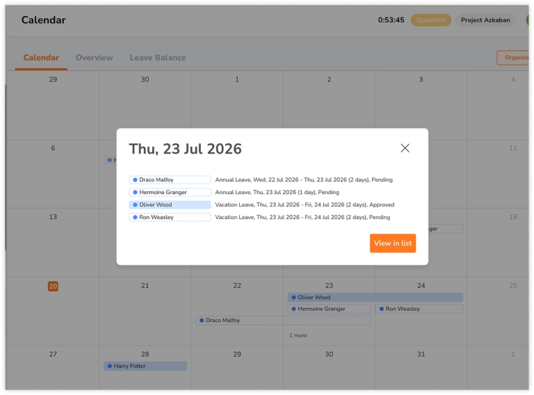 Time off calendar